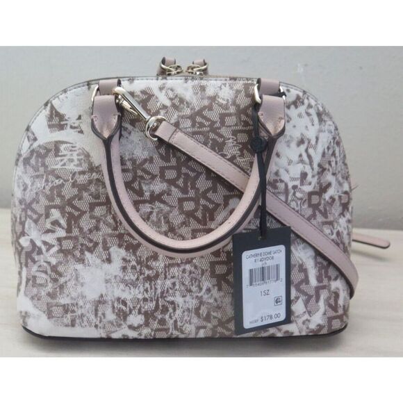 DKNY R14DYD08 Tan/Brown Sig. Logo Allover Print Catherine Dome Satchel Bag $178 - Picture 2 of 9